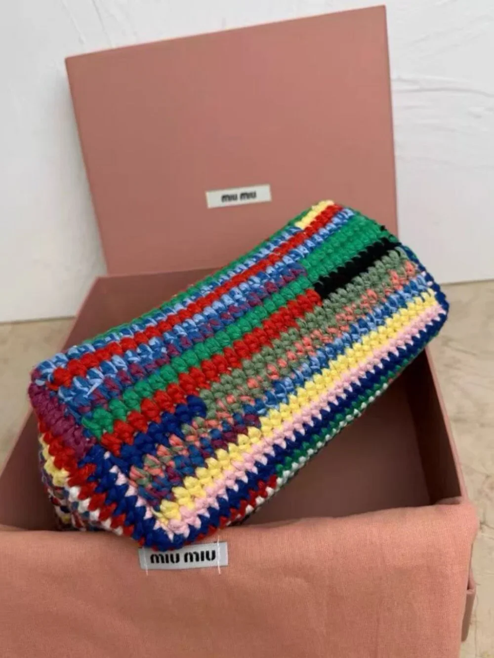 Miu Miu Rainbow Striped Knit Raffia Shoulder Bag